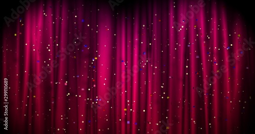 Red Merry Christmas background with golden stars and color confetti. Walpaper Valentine's day. 3d render