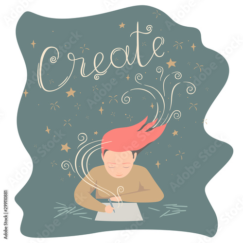 Vector illustration of drawing girl with lettering Create, with stars and sparks. Isolated on white background in abstract shape. Illustrates the magic of creativity.