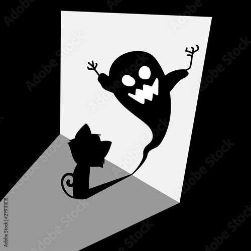 The black cat sits sadly in a dark room with only a small amount of light and reflects a demonic shadow.