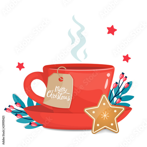 Hot winter tea in a red cup with star shaped christmas cookie, Christmas label and winter twigs with berries. Vector illustration.