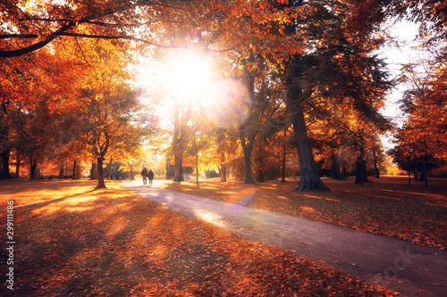 Spaziergänger im goldenen Herbst. Lustgarten Wernigerode mit Sonnenschein