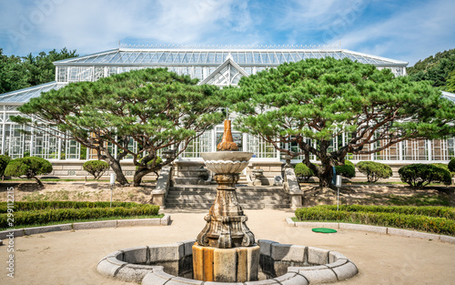 Photography Daeonsil or Great Greenhouse with a Renaissance style fountain at Changgyeonggun