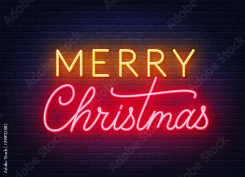 Neon lettering Merry Christmas on dark background. Vector illustration.