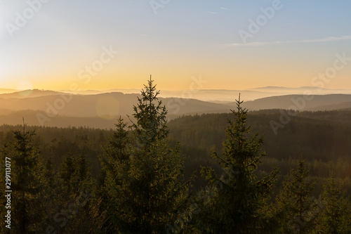 Sunset on lookout Nebelstein with distant hill, Austria landscape