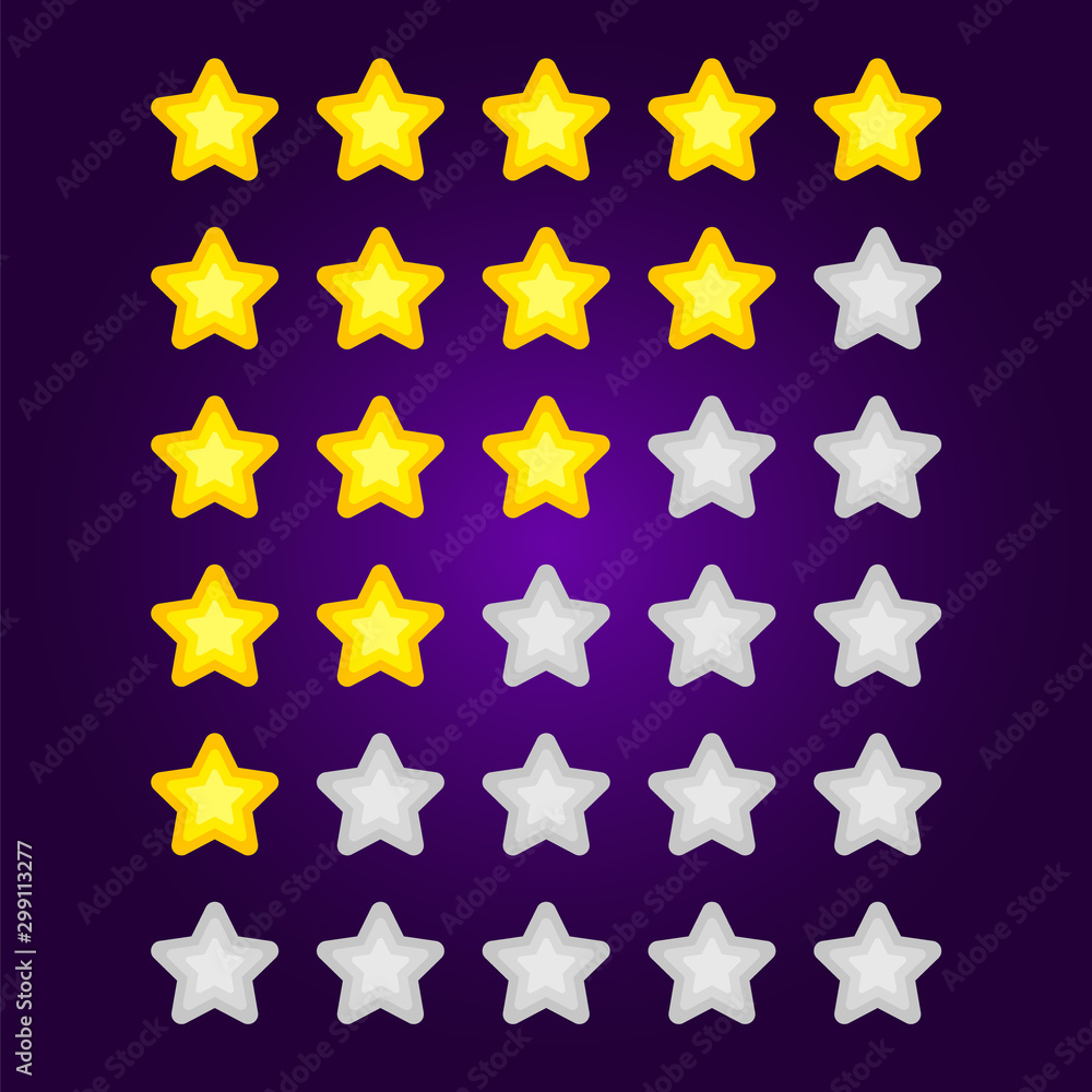 Set of Gray and Yellow Star Rating. Mobile Game development elements GUI. Set of Gray and Yellow Star Rating. Mobile Game development elements GUI.