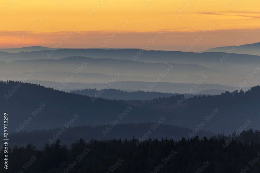 Detail of distant hill from lookout Nebelstein on sunset, Austria landscape