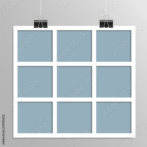 Templates Collage nine Frames for Photo or Illustration. Vector Frame for Photos, Pictures, Photo Collage, Photo Puzzle. Board & Branding Presentation. Creative Theme. Moodboard.