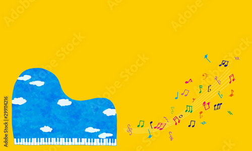 a grand piano of the blue sky with colorful notes 青空のグランドピアノとカラフルな音符たち