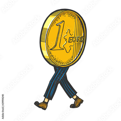 One euro cent coin cash walks on its feet sketch engraving vector illustration. T-shirt apparel print design. Scratch board style imitation. Black and white hand drawn image.