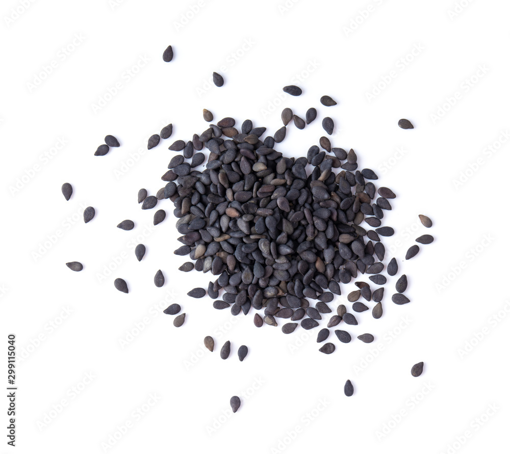Black organic sesame seeds isolated on white background, top view Black organic sesame seeds isolated on white background, top view