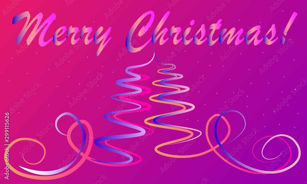 Merry Christmas greeting card, Christmas tree symbol and inscription on a bright purple background.