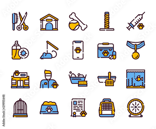 Pet service color linear icons set