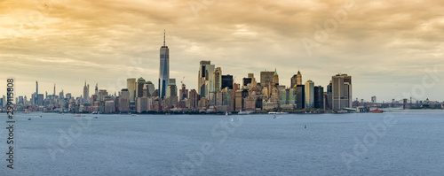 180 degree panorama of Manhattan Island from midtown to the Brooklyn Bridge, as seen from New York Harbor
