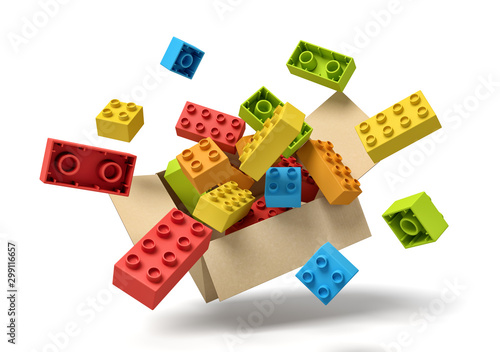3d rendering of cardboard box in air full of colorful toy bricks which are flying out and floating outside.