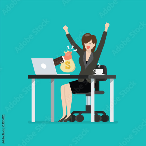 Happy business woman getting bag of money from her laptop