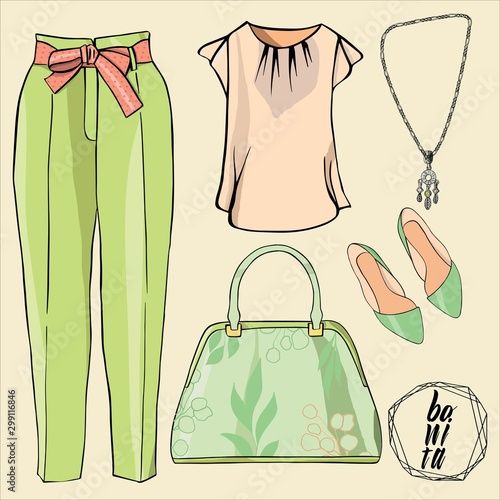 set of women's clothi. Hand drawn lettering bonita in a polygonal frame. Illustration for logos, online stores, sites, blogs.