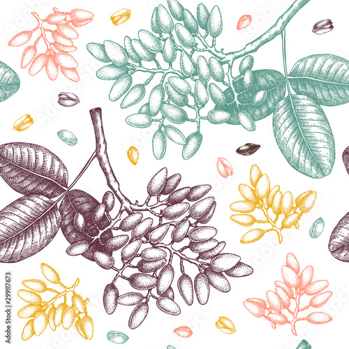 Pistachio vector seamless pattern. Hand drawn culinary Nut trees sketch. Perfect for recipe, menu, label, packaging, Vintage background with Pistachio nuts, leaves, branches.