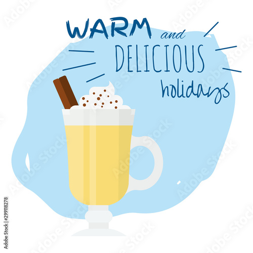 Eggnog in flat style. Holiday and Christmas. Color icon. Vector ghoghol moghol. Lettering