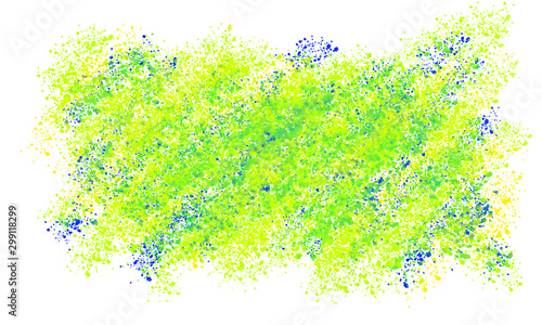 Green and blue water spray on white paper background.