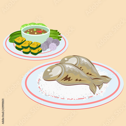 vector Illustration of grilled mackerel with stream rice and chili sauces with vegetables set