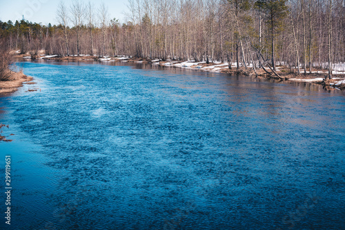 Spring river in the forest area after the ice drift.