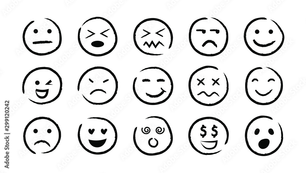 Hand drawn ink emojis faces. Vector doodle emoticons sketch, ink brush icons of happy sad funny face, design template illustration - obrazy, fototapety, plakaty 