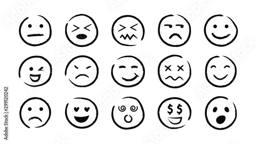 Hand drawn ink emojis faces. Vector doodle emoticons sketch, ink brush icons of happy sad funny face, design template illustration