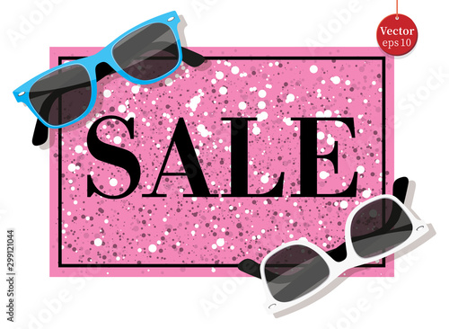 Summer sale poster. Top view on sun glasses. Vector