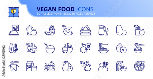 Simple set of outline icons about vegan food. Fruits, vegetables, beans, nuts, grains and soy.