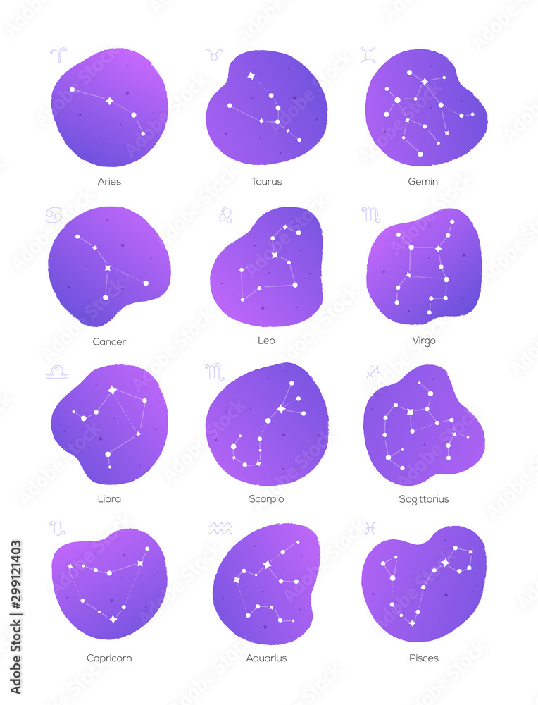 Zodiac constellations - set of twelve astrological signs Zodiac constellations - set of twelve astrological signs