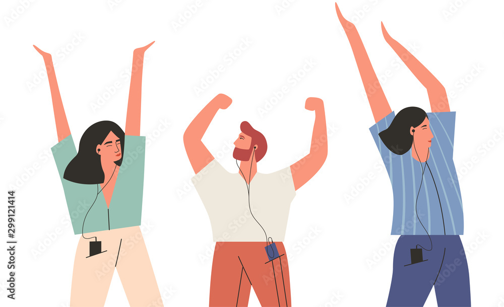 Fototapeta premium Bundle of happy people listening to music isolated on white background.Set of men and women wearing earphones and headphones, listening to music and dancing. Flat vector illustration.