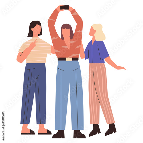 Bundle of yong women taking selfie. Friends standing with phone taking picture. Flat vector illustration