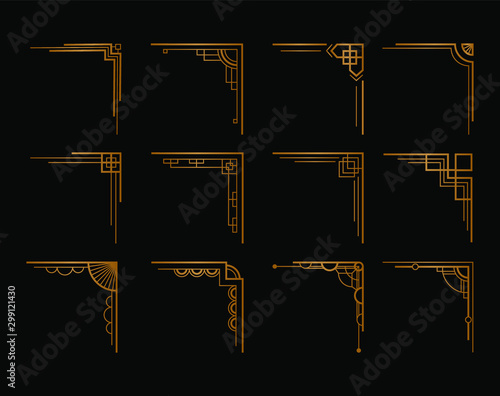 Vintage 1920s art deco corner set. Vector golden geometric template, luxury artdeco corners for borders and frames