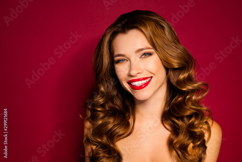 Close-up portrait of her she nice-looking attractive glamorous cheerful wavy-haired lady after laser peeling uplift isolated bright vivid shine vibrant red maroon burgundy marsala color background