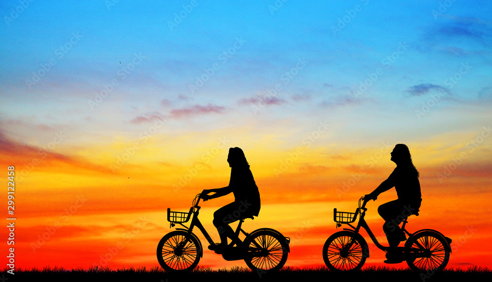 silhouette happy family ride bike on sunrise silhouette happy family ride bike on sunrise