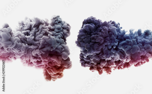 Two Ink swirls in the water,  colorful abstract  drop paint swirl isolated on white background with space for text. Creative banner and power concept 