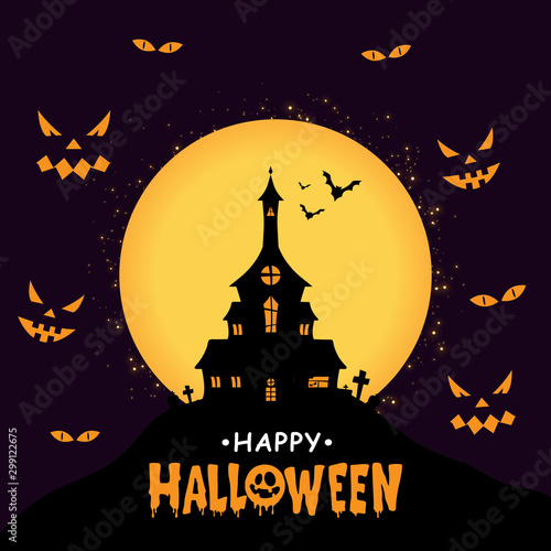 Happy Halloween banner background with night full moon and devil face.Vector illustration. Full moon in the sky.