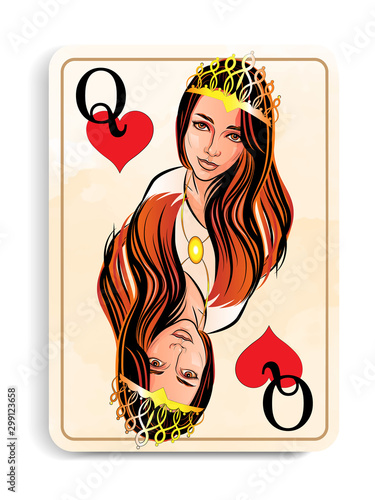 playing card with the image of a beautiful girl with long flowing hair in the form of the Queen of hearts