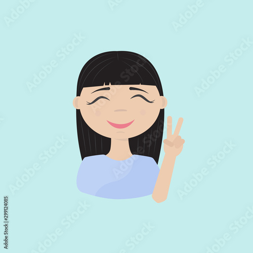 Cute brunette girl. A sign of peace and victory.  Avatar.  Vector illustration.