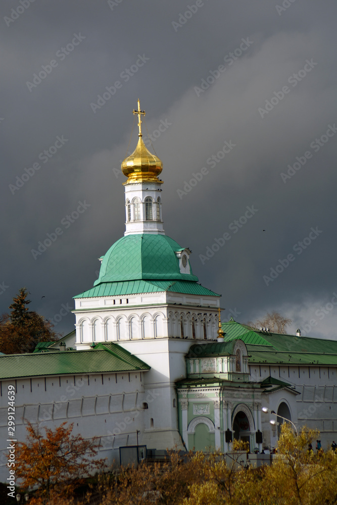 Architecture of Trinity Sergius Lavra, Sergiyev Posad, Russia. Color photo.	