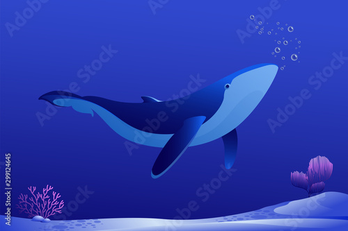 Vector illustration of a blue whale with decor. Corals  polyps. Sea world
