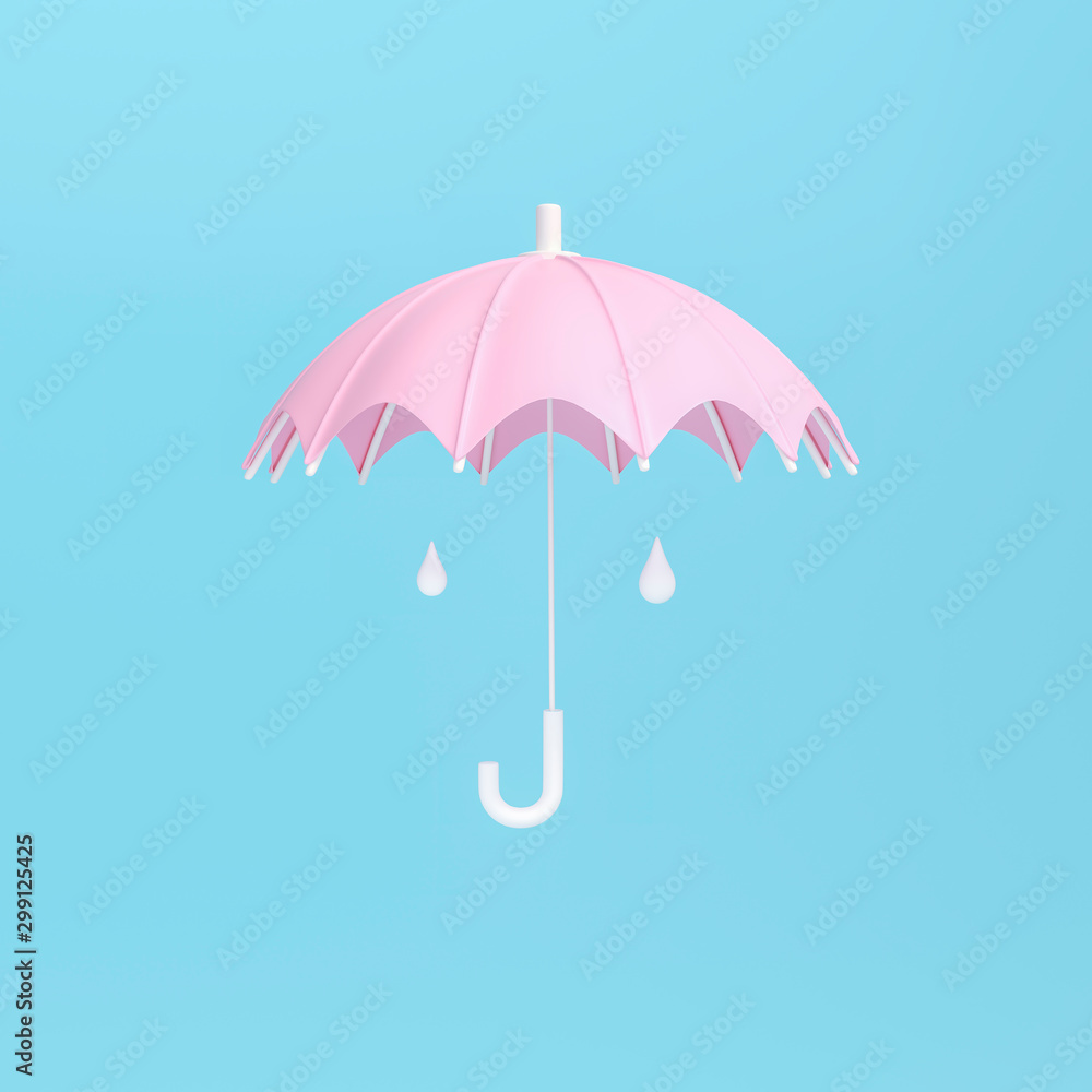 Drop water of Rain under the pink umbrella look like smiley face on blue background 3d rendering. 3d illustration minimal style concept. Rainny season.