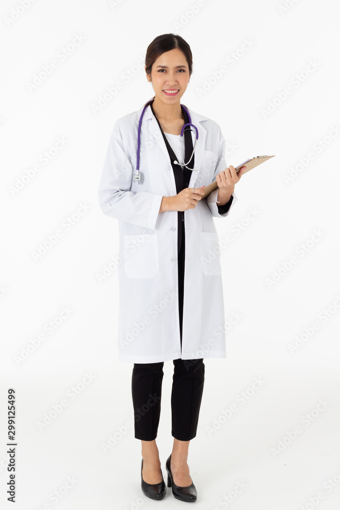 Portrait of asian an attractive young female doctor in white coat about medical or science health care concept on white background Portrait of asian an attractive young female doctor in white coat about medical or science health care concept on white background