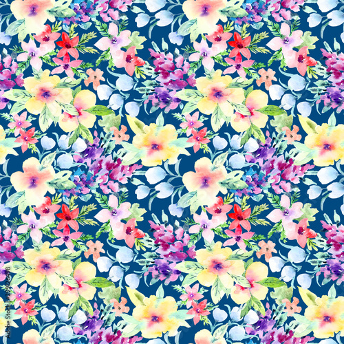 Watercolor floral hand drawn colorful bright seamless pattern