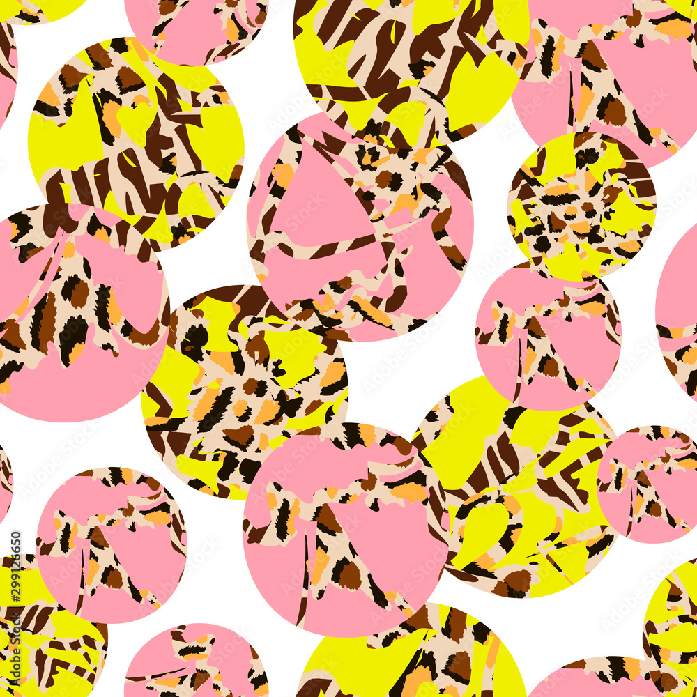 Abstract leopard style vector seamless pattern. Bright pink and yellow green circles with Spotted contours like animal skin on white background. Template for design, textile, wallpaper, web banner.
