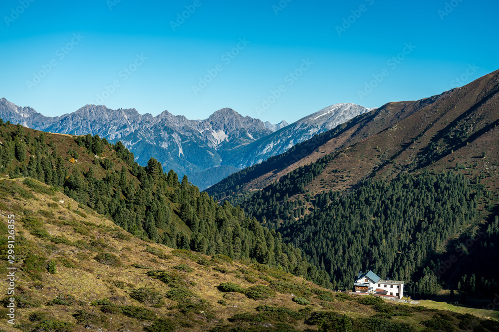 View at the Senders valley and  Adolf Pichler mountain hut near Kemater Alm in Austria