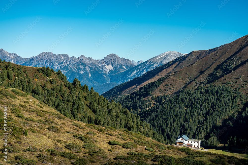 View at the Senders valley and Adolf Pichler mountain hut near Kemater Alm in Austria View at the Senders valley and Adolf Pichler mountain hut near Kemater Alm in Austria