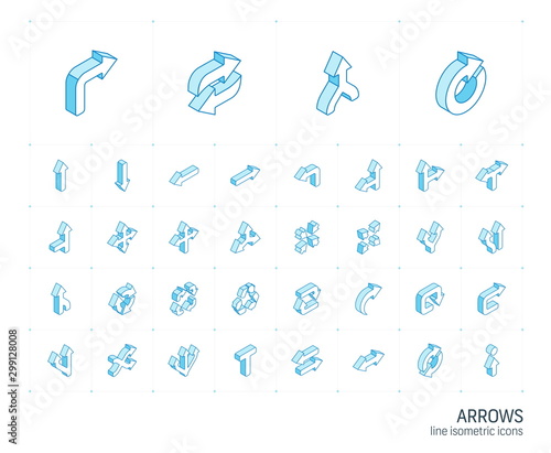 Isometric line icon set. 3d vector colorful illustration with arrows, direction and move flat symbols. Turn left, right, switch, undo colorful pictogram Isolated on white