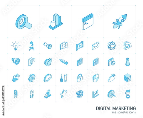Isometric line icon set. 3d vector colorful illustration with SEO symbols. Digital network, analytics, social media and market colorful pictogram Isolated on white