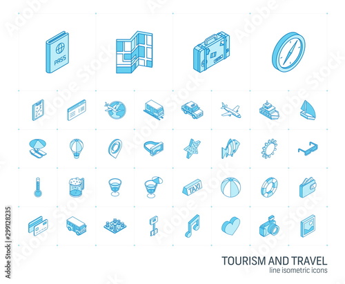 Isometric line icon set. 3d vector colorful illustration with travel, tourism symbols. Summer vacation, airplane, map, luggage, sunglasses colorful pictogram Isolated on white